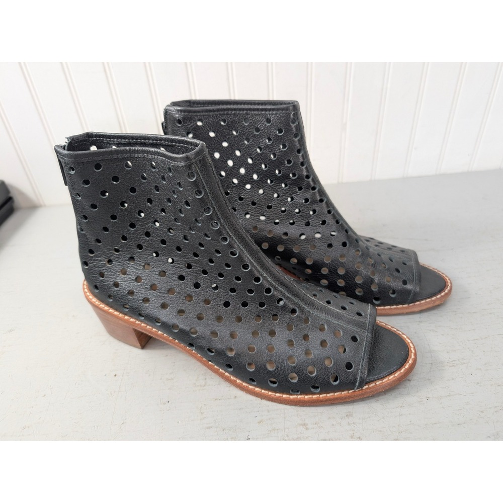 Loeffler Randall Ione Peep Toe Perforated Leather Booties Sz 11 Black Block Heel